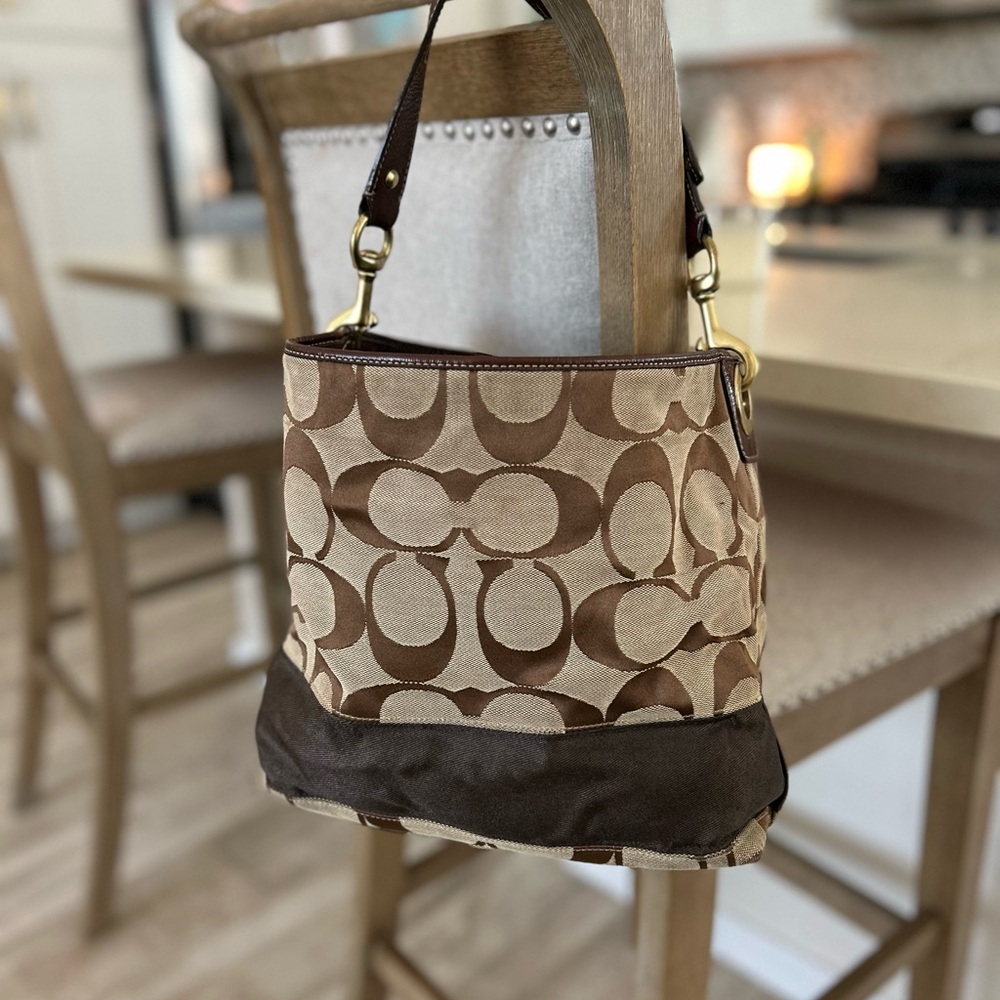Coach Brown and Tan Signature Shoulder Bag